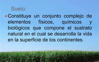 Suelo:
Constituye un conjunto complejo de
elementos físicos, químicos y
biológicos que compone el sustrato
natural en el cual se desarrolla la vida
en la superficie de los continentes.
 