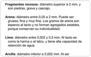 Fragmentos rocosos: diámetro superior a 2 mm, y
son piedras, grava y cascajo.
Arena: diámetro entre 0,05 a 2 mm. Puede ser
gruesa, fina y muy fina. Los granos de arena son
ásperos al tacto y no forman agregados estables,
porque conservan su individualidad.
Limo: diámetro entre 0,002 y 0,5 mm. Al tacto es
como la harina o el talco, y tiene alta capacidad de
retención de agua.
Arcilla: diámetro inferior a 0,002 mm. Al ser
 