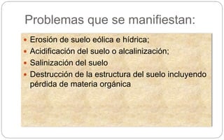 Problemas que se manifiestan:
 Erosión de suelo eólica e hídrica;
 Acidificación del suelo o alcalinización;
 Salinización del suelo
 Destrucción de la estructura del suelo incluyendo
pérdida de materia orgánica
 