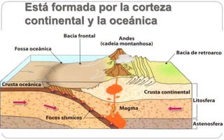 Está formada por la corteza
continental y la oceánica
 