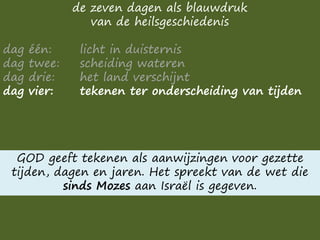 de zeven dagen als blauwdruk
van de heilsgeschiedenis
dag één: licht in duisternis
dag twee: scheiding wateren
dag drie: het land verschijnt
dag vier: tekenen ter onderscheiding van tijden
GOD geeft tekenen als aanwijzingen voor gezette
tijden, dagen en jaren. Het spreekt van de wet die
sinds Mozes aan Israël is gegeven.
 