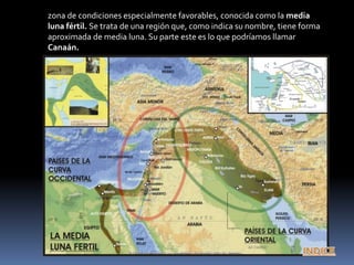 zona de condiciones especialmente favorables, conocida como la media
luna fértil. Se trata de una región que, como indica su nombre, tiene forma
aproximada de media luna. Su parte este es lo que podríamos llamar
Canaán.
 
