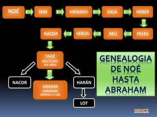 SERUGNACOR
TARÉ
GEN. 11 (25)
205 AÑOS
NACOR
ABRAM
(ABRAHAM)
GÉNESIS 11 (26)
HARÁN
LOT
ARFAXAD SALA HEBER
PELEG
NOÉ
REU
GENEALOGIA
DE NOÉ
HASTA
ABRAHAM
SEM
 