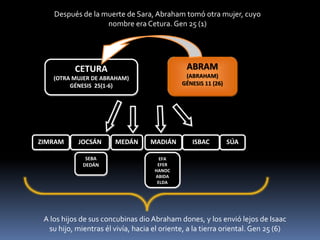 CETURA
(OTRA MUJER DE ABRAHAM)
GÉNESIS 25(1-6)
ABRAM
(ABRAHAM)
GÉNESIS 11 (26)
Después de la muerte de Sara, Abraham tomó otra mujer, cuyo
nombre era Cetura. Gen 25 (1)
ZIMRAM JOCSÁN MEDÁN MADIÁN
SEBA
DEDÁN
EFA
EFER
HANOC
ABIDA
ELDA
ISBAC SÚA
A los hijos de sus concubinas dio Abraham dones, y los envió lejos de Isaac
su hijo, mientras él vivía, hacia el oriente, a la tierra oriental. Gen 25 (6)
 