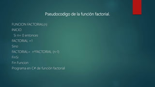 Pseudocodigo de la función factorial.
FUNCION FACTORIAL(n)
INICIO
Si n= 0 entonces
FACTORIAL =1
Sino
FACTORIAL= n*FACTORIAL (n-1)
FinSi
Fin Funcion
Programa en C# de función factorial
 