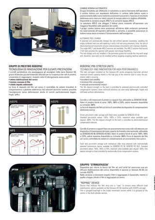 CAMBIO BOBINA AUTOMATICO
                                                                                             Gruppo brevettato per effettuare, in automatico e senza intervento dell’operatore
                                                                                             il cambio bobina con espulsione dell’anima in cartone della bobina vuota e
                                                                                             posizionamento della nuova mediante azionamenti pneumatici; l’assenza di movimenti
                                                                                             elettromeccanici assicura ridotti consumi di energia elettrica e migliore afﬁdabilità.
                                                                                             Disponibile la versione singola ARC/1 e la versione doppia ARC/2.
                                                                                             La soluzione ARC/2 che alloggia 2 bobine piene consente all’operatore una
                                                                                             maggiore ﬂessibilità nella gestione dei cambi.
                                                                                             I gruppi cambio bobina sono posizionati all’interno delle protezioni perimetrali
                                                                                             ma esternamente all’ingombro dell’anello e, pertanto, è possibile posizionare le
                                                                                             bobine nuove senza arrestare il funzionamento dell’avvolgitrice.

                                                                                             AUTOMATIC REEL CHANGE
                                                                                             A patented unit automatically changes the reel without operator assistance, expelling the
                                                                                             empty cardboard reel core and replacing it with a full reel using pneumatic drive; the lack of
                                                                                             electromechanical movements ensures reduced power consumption and improves reliability.
                                                                                             The single ARC/1 and double ARC/2 versions are available. The ARC/2 solution that houses
                                                                                             2 full reels provides the operator with greater reel change ﬂexibility.
                                                                                             The reel change units are installed in the perimeter guards but outside the ring work range
                                                                                             and, therefore, new reels can be installed without stopping wrapping machine operations.




GRUPPI DI PRESTIRO ROBOPAC                                                                   ROBOPAC PRE-STRETCH UNITS
TECNOLOGIA ED INNOVAZIONE PER ELEVATE PRESTAZIONI                                            TECHNOLOGY AND INNOVATION FOR HIGH PERFORMANCES
I carrelli portabobina che equipaggiano gli avvolgitori della serie Genesis HS,              The reel carriages installed on the Genesis HS series wrapping machines achieve
grazie all’elevato grip del materiale utilizzato per la ricopertura dei rulli di prestiro,   maximum stretch capacity thanks to the high grip of the material used to cover the pre-
consentono di raggiungere i massimi valori di allungamento assicurando:                      stretch rollers, ensuring:
• ottima stabilizzazione del carico                                                          • excellent load stability
• minimo consumo di ﬁlm                                                                      • minimum ﬁlm consumption
• ridotto impatto ambientale                                                                 • reduced environmental impact
La forza di deposito del ﬁlm sul carico è controllata da sistemi brevettati di               The ﬁlm deposit strength on the load is controlled by patented electronically controlled
compensazione a gestione elettronica; tali soluzioni tecniche rendono possibile              compensation systems; these technical solutions can even wrap lightweight, fragile and
l’avvolgimento senza deformazioni anche di carichi particolarmente leggeri,                  soft loads without deformations.
fragili, sofﬁci.

                                                                                             Carrello a rulli motorizzati di prestiro a rapporti ﬁssi utilizzabile su GENESIS HS 50.
| ASCPS                                               | ASCPS                                Valori di prestiro forniti di serie: 150%, 180% e 210%; valore massimo disponibile
  COLLANTE INTERNO        COLLANTE ESTERNO
                                                                                             su richiesta: 300%.
  INSIDE CLING            OUTSIDE CLING                                                      La forza di deposito del ﬁlm sul carico è controllata da dispositivi di compensazione
                                                                                             elettromeccanica.

                                                                                             Driven pre-stretch roller carriage with ﬁxed ratios available for GENESIS HS 50
                                                                                             Standard pre-stretch values: 150%, 180% e 210%; maximum value available upon
                                                                                             request: 300%. The ﬁlm deposit strength on the load is controlled by electromechanical
                                                                                             compensation devices.


                                                                                             Carrello di prestiro a rapporti ﬁssi con azionamento meccanico dei rulli ottenuto con
| MPS                                                 | MPS                                  dispositivo di trasmissione del moto coperto da brevetto internazionale; utilizzabile
  COLLANTE INTERNO        COLLANTE ESTERNO
                                                                                             su GENESIS HS 50; GENESIS HS 50/2. Valori di prestiro forniti di serie: 150%, 180%
  INSIDE CLING            OUTSIDE CLING                                                      e 210%; valore massimo disponibile su richiesta: 300%. Forza di deposito del ﬁlm
                                                                                             sul carico controllata da sistemi di compensazione ad azionamento meccanico.

                                                                                             Fixed ratio pre-stretch carriage with mechanical roller drive obtained with internationally
                                                                                             patented transmission device; available for GENESIS HS 50; GENESIS HS 50/2. Standard
                                                                                             pre-stretch values: 150%, 180% e 210%; maximum value available upon request: 300%. Film
                                                                                             deposit strength on load controlled by mechanically driven compensation systems.




                                                                                             GRUPPO “STRINGIFASCIA”
                                                                                             Dispositivo per ridurre la fascia del ﬁlm ad una”corda”ed assicurare una più
   OPTION                                                                                    efﬁcace stabilizzazione del carico; disponibile in opzione su Genesis HS 50 con
                                                                                             carrello ASCPS.
                                                                                             Nella versione a movimento singolo il ﬁlm è raggruppato in basso/alto, mentre in
                                                                                             quella a doppio cilindro il ﬁlm è raggruppato al centro.

                                                                                             “ROPING” DEVICE
                                                                                             Device that reduces the ﬁlm strip into a “rope” to ensure more efﬁcient load
                                                                                             stabilisation; option available on the Genesis HS 50 machine with ASCPS carriage.
                                                                                             Film is grouped low/high in the single movement version while it is grouped at the
                                                                                             centre in the dual cylinder version.
 