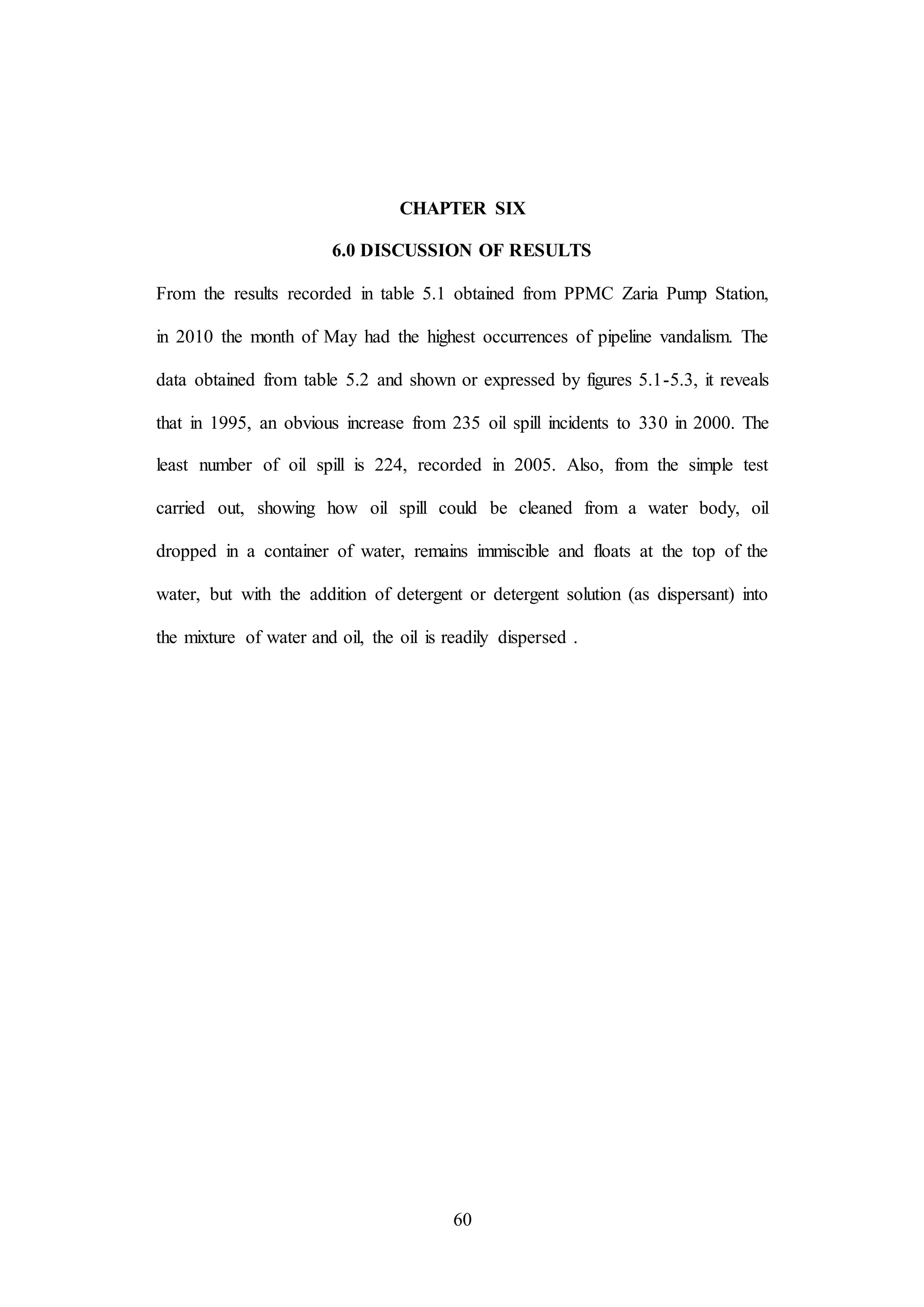 60
CHAPTER SIX
6.0 DISCUSSION OF RESULTS
From the results recorded in table 5.1 obtained from PPMC Zaria Pump Station,
in 2010 the month of May had the highest occurrences of pipeline vandalism. The
data obtained from table 5.2 and shown or expressed by figures 5.1-5.3, it reveals
that in 1995, an obvious increase from 235 oil spill incidents to 330 in 2000. The
least number of oil spill is 224, recorded in 2005. Also, from the simple test
carried out, showing how oil spill could be cleaned from a water body, oil
dropped in a container of water, remains immiscible and floats at the top of the
water, but with the addition of detergent or detergent solution (as dispersant) into
the mixture of water and oil, the oil is readily dispersed .
 