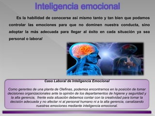 Es la habilidad de conocerse así mismo tanto y tan bien que podamos
controlar las emociones para que no dominen nuestra conducta, sino
adoptar la más adecuada para llegar al éxito en cada situación ya sea
personal o laboral
Caso Laboral de Inteligencia Emocional
Como gerentes de una planta de Olefinas, podemos encontrarnos en la posición de tomar
decisiones organizacionales ante la opinión de los departamentos de higiene y seguridad y
la alta gerencia, frente esta situación debemos contar con la creatividad para tomar la
decisión adecuada y no afectar ni al personal humano ni a la alta gerencia, canalizando
nuestras emociones mediante inteligencia emocional.
Inteligencia emocional
 