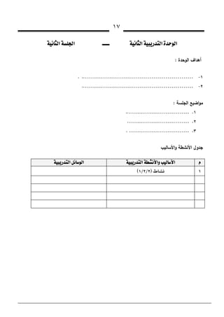 ١٧ @ @
@ @
@@òîãbrÛa@òÜ§a@@@@@@@@@@@@@@@@@@@@@@@@@@@@@@@@@@@@@@òîãbrÛa@òîjíŠ‡nÛa@ñ‡yìÛa@ @
‫ا‬ ‫أﻫداف‬‫ﻟوﺣدة‬:
١ J………………………………………………KKK 
٢ J………………………………………………KK 
‫اﻟﺟﻠﺳﺔ‬ ‫اﺿﻳﻊ‬‫و‬‫ﻣ‬:
١K…………………………KK 
٢K…………………………K
٣K…………………………K 
‫اﻷﺳﺎﻟﻳب‬‫و‬ ‫اﻷﻧﺷطﺔ‬ ‫ﺟدوﻝ‬
@ @
âòîjíŠ‡nÛa@òİ“ãþaë@kîÛbþaòîjíŠ‡nÛa@ÝöbìÛa
١F٢L٢L١E
 