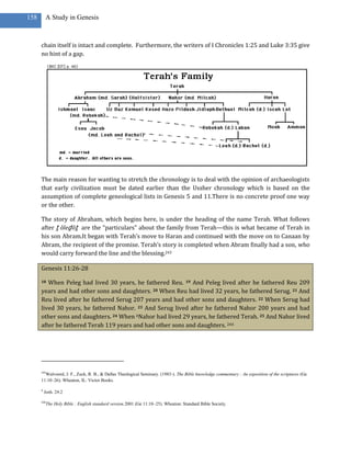 158       A Study in Genesis



      chain itself is intact and complete. Furthermore, the writers of I Chronicles 1:25 and Luke 3:35 give
      no hint of a gap.




      The main reason for wanting to stretch the chronology is to deal with the opinion of archaeologists
      that early civilization must be dated earlier than the Ussher chronology which is based on the
      assumption of complete geneological lists in Genesis 5 and 11.There is no concrete proof one way
      or the other.

      The story of Abraham, which begins here, is under the heading of the name Terah. What follows
      after ṯ ôleḏ ôṯ are the “particulars” about the family from Terah—this is what became of Terah in
      his son Abram.It began with Terah’s move to Haran and continued with the move on to Canaan by
      Abram, the recipient of the promise. Terah’s story is completed when Abram finally had a son, who
      would carry forward the line and the blessing.243

      Genesis 11:26-28

      18 When Peleg had lived 30 years, he fathered Reu. 19 And Peleg lived after he fathered Reu 209
      years and had other sons and daughters. 20 When Reu had lived 32 years, he fathered Serug. 21 And
      Reu lived after he fathered Serug 207 years and had other sons and daughters. 22 When Serug had
      lived 30 years, he fathered Nahor. 23 And Serug lived after he fathered Nahor 200 years and had
      other sons and daughters. 24 When hNahor had lived 29 years, he fathered Terah. 25 And Nahor lived
      after he fathered Terah 119 years and had other sons and daughters. 244




      243
        Walvoord, J. F., Zuck, R. B., & Dallas Theological Seminary. (1983-). The Bible knowledge commentary : An exposition of the scriptures (Ge
      11:10–26). Wheaton, IL: Victor Books.

      h
          Josh. 24:2

      244
            The Holy Bible : English standard version.2001 (Ge 11:18–25). Wheaton: Standard Bible Society.
 
