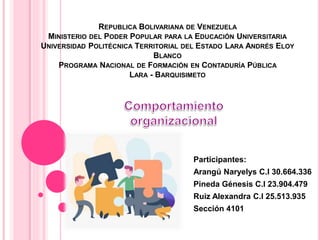 REPUBLICA BOLIVARIANA DE VENEZUELA
MINISTERIO DEL PODER POPULAR PARA LA EDUCACIÓN UNIVERSITARIA
UNIVERSIDAD POLITÉCNICA TERRITORIAL DEL ESTADO LARA ANDRÉS ELOY
BLANCO
PROGRAMA NACIONAL DE FORMACIÓN EN CONTADURÍA PÚBLICA
LARA - BARQUISIMETO
Participantes:
Arangú Naryelys C.I 30.664.336
Pineda Génesis C.I 23.904.479
Ruiz Alexandra C.I 25.513.935
Sección 4101
 