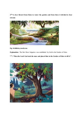 210“A river flowed from Eden to water the garden and from there it divided to four
streams
Fig 16.biblekeyword.com
Explanation: The first River Irrigation was established by God in the Garden of Eden.
2:15: “Then the Lord God took the man and placed him in the Garden of Eden to till it”.
 