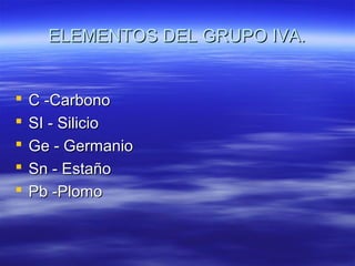 ELEMENTOS DEL GRUPO IVA.


   C -Carbono
   SI - Silicio
   Ge - Germanio
   Sn - Estaño
   Pb -Plomo
 
