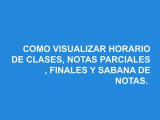 COMO VISUALIZAR HORARIO
DE CLASES, NOTAS PARCIALES
, FINALES Y SABANA DE
NOTAS.
 