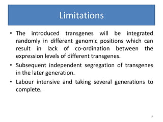 Limitations
• The introduced transgenes will be integrated
randomly in different genomic positions which can
result in lack of co-ordination between the
expression levels of different transgenes.
• Subsequent independent segregation of transgenes
in the later generation.
• Labour intensive and taking several generations to
complete.
14
 