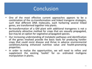 Conclusion
• One of the most effective current approaches appears to be a
combination of the co-transformation and linked transgene strategies,
such that different DNA molecules, each harboring several linked
genes, are transformed together into plants.
• Re-transformation of a GM plant with additional transgenes is not a
particularly attractive method for crops that are sexually propagated,
but may be an option for vegetative propagated species.
• Our increasing understanding of metabolic pathways and identification
of the genes involved provide the basic tools for producing hardier
crops that could resist disease and thrive in adverse environmental
conditions,having enhanced nutritive value and health-promoting
properties.
• In order to realize the opportunities, we will need to refine and
supplement the existing ‘toolkit’ for co- ordinated multigene
manipulation in plants.
55
 