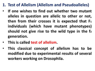 1. Test of Allelism (Allelism and Pseudoalleles)
• If one wishes to find out whether two mutant
alleles in question are allelic to other or not,
then from their crosses it is expected that F1
individuals (which have mutant phenotypes)
should not give rise to the wild type in the f2
generation.
• This is called test of allelism.
• This classical concept of allelism has to be
modified due to experimental results of several
workers working on Drosophila.
 