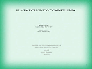 RELACIÓN ENTRE GENÉTICA Y COMPORTAMIENTO
CORPORACIÓN UNIVERSITARIA IBEROAMERICANA
PROGRAMA DE PSICOLOGIA I SEMESTRE
BIOLOGÍA
MOCOA- PUTUMAYO
MAYO/2019
PRESENTADO POR:
MARIA GRACIELA TISOY CHASOY
PRESENTADO A:
LEYDI LOPEZ (TUTORA)
1
 