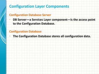 Configuration Layer Components
Configuration Database Server
• DB Server—a Services Layer component—is the access point
to the Configuration Database.
Configuration Database
• The Configuration Database stores all configuration data.
 