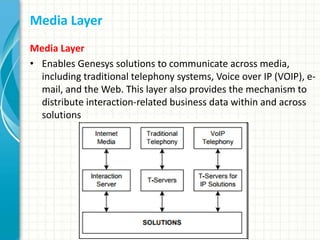 Media Layer
Media Layer
• Enables Genesys solutions to communicate across media,
including traditional telephony systems, Voice over IP (VOIP), e-
mail, and the Web. This layer also provides the mechanism to
distribute interaction-related business data within and across
solutions
 