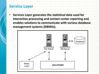 Service Layer
• Services Layer generates the statistical data used for
interaction processing and contact center reporting and
enables solutions to communicate with various database
management systems (DBMSs).
 