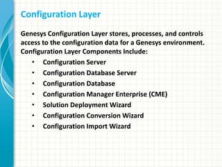 Configuration Layer
Genesys Configuration Layer stores, processes, and controls
access to the configuration data for a Genesys environment.
Configuration Layer Components Include:
• Configuration Server
• Configuration Database Server
• Configuration Database
• Configuration Manager Enterprise (CME)
• Solution Deployment Wizard
• Configuration Conversion Wizard
• Configuration Import Wizard
 