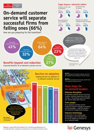 Request a copy of the full research from marketing.apac@genesys.com
to understand how companies are preparing for on-demand customer service
On-demand customer
service will separate
successful firms from
failing ones(66%)
How are you preparing for the transition?
Benefits beyond cost reduction
Expected benefits of on-demand customer service
Eager buyers, reluctant sellers
Barriers to adoption
Leading barriers to adoption of
on-demand customer service
Max Loosen,
founder and CEO
of Sendhelper
Lackofskillsamongstaff
Lackofon-demandproductsorservices(buyers)
Complianceconcerns(buyers)
Managingengagementwiththecustomer
Qualitymanagementofon-demandserviceproviders
27%
25% 25%
24%
23%
Many telecom operators know
thatthey have to transform their
customer service and need new ideas
where they can be more efficient
Christian Viatte,
CEO of Mila
On-demand is key
for success:
Buyers
58%
Buyers
66%
Sellers
35%
Sellers
44%
New market entrants
are definitely where disruptive
innovations come from an
overwhelming majority of time.
Start-ups are used
to taking risks.
Improved
customer satisfaction
43%
Better
competitive
positioning
27%
Improved
customer retention
32%
Reduced
operating costs
23%
Better suited to
millennials
64% It’s not just about cost saving.
Everybody wants to differentiate
with customer service. What you gain
[from an on-demand model] is a
better customer experience maybe at
the same cost or, in some cases,
a lower one.
Next steps for
on-demand leaders
Embrace disruption
On-demand customer service can bring
a better customer experience with cost
savings—the products aren’t available
yet, but be ready when they are
Train people
An on-demand customer service
model will require a change in processes
and technologies—staff will need to
be trained to manage these changes
Improve technology
Investment in new cutting edge
technologies such as big data and
AI will be needed to transition to
an on-demand model
Customer service is ripe
for disruption:
Benefits of on-demand
outweigh the pain of change:
Buyers
67%
Buyers
68%
Sellers
35%
Sellers
45%
We are monitoring
the competition:
82%expect on demand customer service to
be available in their industry in the next 3 years
80%of customer service buyers would invest
in on-demand customer service
 