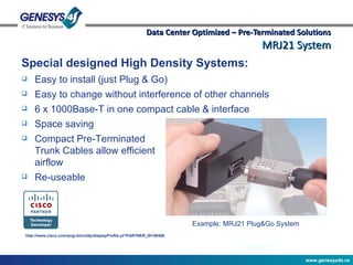 Data Center Optimized – Pre-Terminated Solutions MRJ21 System Special designed High Density Systems: Easy to install (just Plug & Go) Easy to change without interference of other channels 6 x 1000Base-T in one compact cable & interface Space saving Compact Pre-Terminated Trunk Cables allow efficient airflow Re-useable Example: MRJ21 Plug&Go System http://www.cisco.com/pcgi-bin/ctdp/displayProfile.pl?PARTNER_ID=59368 