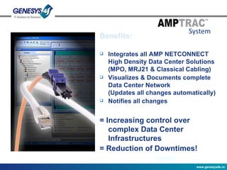 System Benefits: Integrates all AMP NETCONNECT High Density Data Center Solutions (MPO, MRJ21 & Classical Cabling) Visualizes & Documents complete Data Center Network (Updates all changes automatically) Notifies all changes  = Increasing control over complex Data Center Infrastructures = Reduction of Downtimes! 