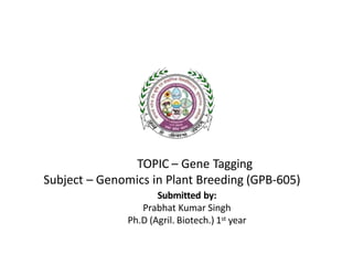 TOPIC – Gene Tagging
Subject – Genomics in Plant Breeding (GPB-605)
Submitted by:
Prabhat Kumar Singh
Ph.D (Agril. Biotech.) 1st year
 