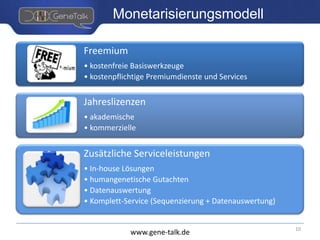 www.gene-talk.de
Monetarisierungsmodell
Freemium
• kostenfreie Basiswerkzeuge
• kostenpflichtige Premiumdienste und Services
Jahreslizenzen
• akademische
• kommerzielle
Zusätzliche Serviceleistungen
• In-house Lösungen
• humangenetische Gutachten
• Datenauswertung
• Komplett-Service (Sequenzierung + Datenauswertung)
10
 