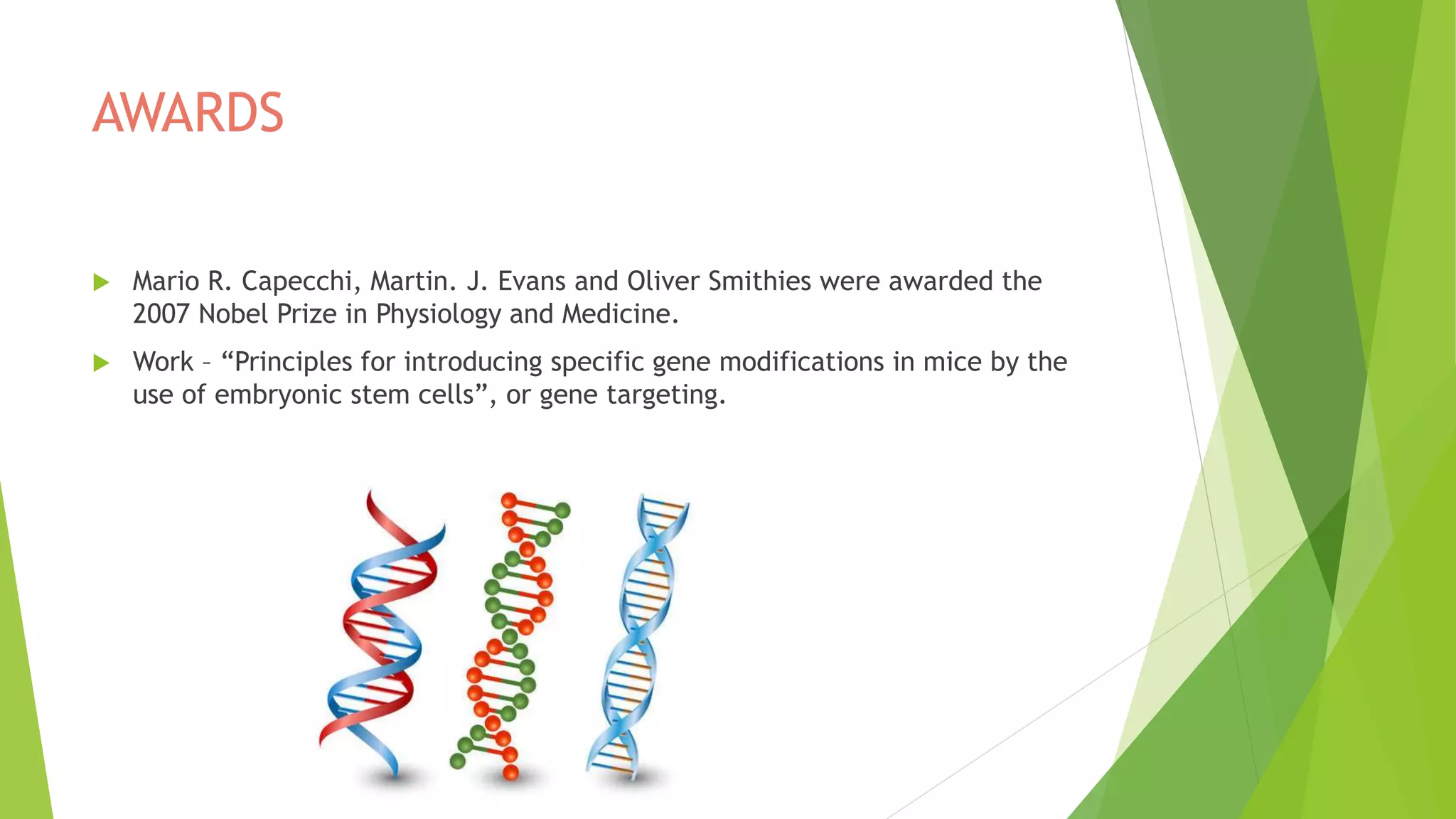 AWARDS
 Mario R. Capecchi, Martin. J. Evans and Oliver Smithies were awarded the
2007 Nobel Prize in Physiology and Medicine.
 Work – “Principles for introducing specific gene modifications in mice by the
use of embryonic stem cells”, or gene targeting.
 