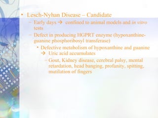 • Lesch-Nyhan Disease – Candidate
– Early days  confined to animal models and in vitro
tests
– Defect in producing HGPRT enzyme (hypoxanthine-
guanine phosphoribosyl transferase)
• Defective metabolism of hypoxanthine and guanine
 Uric acid accumulates
– Gout, Kidney disease, cerebral palsy, mental
retardation, head banging, profanity, spitting,
mutilation of fingers
 