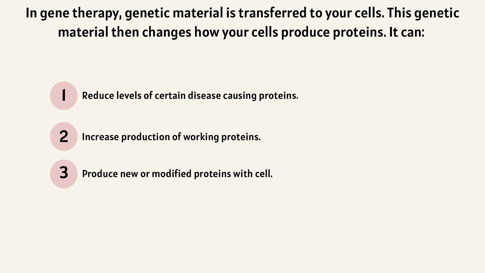 1
2
3
Reduce levels of certain disease causing proteins.
Increase production of working proteins.
Produce new or modified proteins with cell.
In gene therapy, genetic material is transferred to your cells. This genetic
material then changes how your cells produce proteins. It can:
 