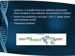 • Lentivirus – It encodes three to six additional viral proteins,
  which contribute to virus replication and persistence of infection
• Human immunodeficiency virus type 1 (HIV-1) - based vectors
  most extensively studied
• Thalassemia treatment
 