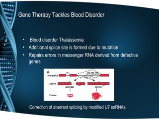 Gene Therapy Tackles Blood Disorder


 • Blood disorder Thalassemia
 • Additional splice site is formed due to mutation
 • Repairs errors in messenger RNA derived from defective
   genes




    Correction of aberrant splicing by modified U7 snRNAs
 