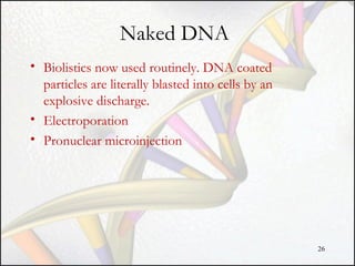Naked DNA
• Biolistics now used routinely. DNA coated
particles are literally blasted into cells by an
explosive discharge.
• Electroporation
• Pronuclear microinjection

26

 