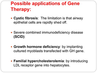 Possible applications of Gene 
Therapy: 
 Cystic fibrosis: The limitation is that airway 
epithelial cells are rapidly shed off. 
 Severe combined immunodeficiency disease 
(SCID): 
 Growth hormone deficiency: by implanting 
cultured myoblasts transfected with GH gene. 
 Familial hypercholesterolemia: by introducing 
LDL receptor gene into hepatocytes. 
 