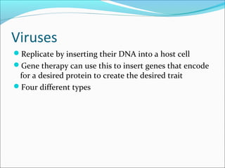 Viruses
Replicate by inserting their DNA into a host cell
Gene therapy can use this to insert genes that encode
for a desired protein to create the desired trait
Four different types
 