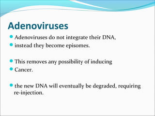Adenoviruses
Adenoviruses do not integrate their DNA,
instead they become episomes.
This removes any possibility of inducing
Cancer.
the new DNA will eventually be degraded, requiring
re-injection.
 