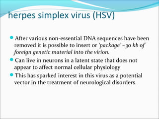 herpes simplex virus (HSV)
After various non-essential DNA sequences have been
removed it is possible to insert or ‘package’ ~30 kb of
foreign genetic material into the virion.
Can live in neurons in a latent state that does not
appear to affect normal cellular physiology
This has sparked interest in this virus as a potential
vector in the treatment of neurological disorders.
 
