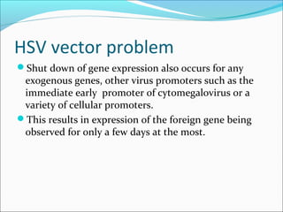 HSV vector problem
Shut down of gene expression also occurs for any
exogenous genes, other virus promoters such as the
immediate early promoter of cytomegalovirus or a
variety of cellular promoters.
This results in expression of the foreign gene being
observed for only a few days at the most.
 
