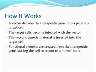 How It Works
 A vector delivers the therapeutic gene into a patient’s
target cell
 The target cells become infected with the vector
 The vector’s genetic material is inserted into the
target cell
 Functional proteins are created from the therapeutic
gene causing the cell to return to a normal state
 