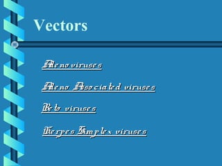 Vectors
Adeno virusesAdeno viruses
Adeno Asso ciated virusesAdeno Asso ciated viruses
Reto virusesReto viruses
Herpes Simplex virusesHerpes Simplex viruses
 