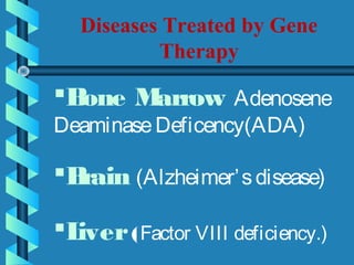 Diseases Treated by Gene
Therapy
Bone Marrow Adenosene
DeaminaseDeficency(ADA)
Brain (Alzheimer’sdisease)
Liver(Factor VIII deficiency.)
 