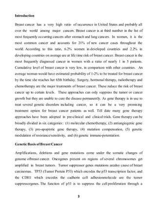 3
Introduction
Breast cancer has a very high ratio of occurrence in United States and probably all
over the world among major cancers. Breast cancer is at third number in the list of
most frequently occurring cancers after stomach and lung cancers. In women, it is the
most common cancer and accounts for 21% of new cancer cases throughout the
world. According to this ratio, 6.2% women in developed countries and 2.2% in
developing countries on average are at life time risk of breast cancer. Breast cancer is the
most frequently diagnosed cancer in women with a ratio of nearly 1 in 5 patients.
Cumulative level of breast cancer is very low, in comparison with other countries. An
average woman would have estimated probability of 1-2% to be treated for breast cancer
by the time she reaches her 65th birthday. Surgery, hormonal therapy, radiotherapy and
chemotherapy are the major treatments of breast cancer. These reduce the risk of breast
cancer up to certain levels. These approaches can only suppress the tumor or cancer
growth but they are unable to cure the disease permanently. As gene therapy is in use to
treat several genetic disorders including cancer, so it can be a very promising
treatment option for breast cancer patients as well. Till date many gene therapy
approaches have been adopted in pre-clinical and clinical trials. Gene therapy can be
broadly divided in six categories: (1) molecular chemotherapy, (2) antiangiogenic gene
therapy, (3) pro-apoptotic gene therapy, (4) mutation compensation, (5) genetic
modulation of resistance/sensitivity, and (6) genetic immune-potentiation.
Genetic Basis ofBreastCancer
Amplifications, deletions and gene mutations come under the somatic changes of
genome ofbreast cancer. Oncogenes present on regions of several chromosomes get
amplified in breast tumors. Tumor suppressor genes mutations arealso cause of breast
carcinomas. TP53 (Tumor Protein P53) which encodes the p53 transcription factor, and
the CDH1 which encodes the cadherin cell adhesionmolecule are the tumor
suppressorgenes. The function of p53 is to suppress the cell proliferation through a
 