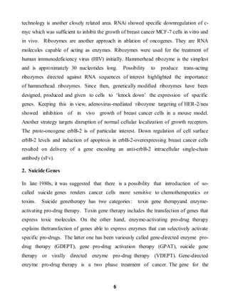 6
technology is another closely related area. RNAi showed specific downregulation of c-
myc which was sufficient to inhibit the growth of breast cancer MCF-7 cells in vitro and
in vivo. Ribozymes are another approach in ablation of oncogenes. They are RNA
molecules capable of acting as enzymes. Ribozymes were used for the treatment of
human immunodeficiency virus (HIV) initially. Hammerhead ribozyme is the simplest
and is approximately 30 nucleotides long. Possibility to produce trans-acting
ribozymes directed against RNA sequences of interest highlighted the importance
of hammerhead ribozymes. Since then, genetically modified ribozymes have been
designed, produced and given to cells to ‘knock down’ the expression of specific
genes. Keeping this in view, adenovirus-mediated ribozyme targeting of HER-2/neu
showed inhibition of in vivo growth of breast cancer cells in a mouse model.
Another strategy targets disruption of normal cellular localization of growth receptors.
The proto-oncogene erbB-2 is of particular interest. Down regulation of cell surface
erbB-2 levels and induction of apoptosis in erbB-2-overexpressing breast cancer cells
resulted on delivery of a gene encoding an anti-erbB-2 intracellular single-chain
antibody (sFv).
2. Suicide Genes
In late 1980s, it was suggested that there is a possibility that introduction of so-
called suicide genes renders cancer cells more sensitive to chemotherapeutics or
toxins. Suicide genetherapy has two categories: toxin gene therapyand enzyme-
activating pro-drug therapy. Toxin gene therapy includes the transfection of genes that
express toxic molecules. On the other hand, enzyme-activating pro-drug therapy
explains thetransfection of genes able to express enzymes that can selectively activate
specific pro-drugs. The latter one has been variously called gene-directed enzyme pro-
drug therapy (GDEPT), gene pro-drug activation therapy (GPAT), suicide gene
therapy or virally directed enzyme pro-drug therapy (VDEPT). Gene-directed
enzyme pro-drug therapy is a two phase treatment of cancer. The gene for the
 