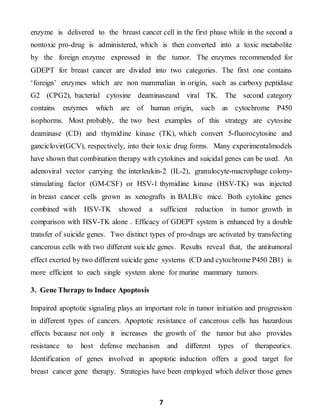 7
enzyme is delivered to the breast cancer cell in the first phase while in the second a
nontoxic pro-drug is administered, which is then converted into a toxic metabolite
by the foreign enzyme expressed in the tumor. The enzymes recommended for
GDEPT for breast cancer are divided into two categories. The first one contains
‘foreign’ enzymes which are non mammalian in origin, such as carboxy peptidase
G2 (CPG2), bacterial cytosine deaminaseand viral TK. The second category
contains enzymes which are of human origin, such as cytochrome P450
isophorms. Most probably, the two best examples of this strategy are cytosine
deaminase (CD) and thymidine kinase (TK), which convert 5-fluorocytosine and
ganciclovir(GCV), respectively, into their toxic drug forms. Many experimentalmodels
have shown that combination therapy with cytokines and suicidal genes can be used. An
adenoviral vector carrying the interleukin-2 (IL-2), granulocyte-macrophage colony-
stimulating factor (GM-CSF) or HSV-1 thymidine kinase (HSV-TK) was injected
in breast cancer cells grown as xenografts in BALB/c mice. Both cytokine genes
combined with HSV-TK showed a sufficient reduction in tumor growth in
comparison with HSV-TK alone . Efficacy of GDEPT system is enhanced by a double
transfer of suicide genes. Two distinct types of pro-drugs are activated by transfecting
cancerous cells with two different suicide genes. Results reveal that, the antitumoral
effect exerted by two different suicide gene systems (CD and cytochrome P450 2B1) is
more efficient to each single system alone for murine mammary tumors.
3. Gene Therapy to Induce Apoptosis
Impaired apoptotic signaling plays an important role in tumor initiation and progression
in different types of cancers. Apoptotic resistance of cancerous cells has hazardous
effects because not only it increases the growth of the tumor but also provides
resistance to host defense mechanism and different types of therapeutics.
Identification of genes involved in apoptotic induction offers a good target for
breast cancer gene therapy. Strategies have been employed which deliver those genes
 