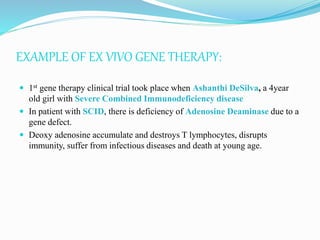 EXAMPLE OF EX VIVO GENE THERAPY:
 1st gene therapy clinical trial took place when Ashanthi DeSilva, a 4year
old girl with Severe Combined Immunodeficiency disease
 In patient with SCID, there is deficiency of Adenosine Deaminase due to a
gene defect.
 Deoxy adenosine accumulate and destroys T lymphocytes, disrupts
immunity, suffer from infectious diseases and death at young age.
 