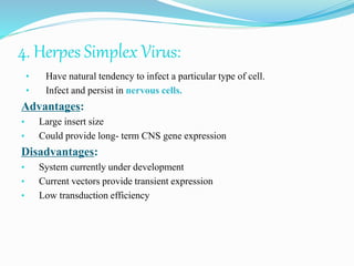 4. Herpes Simplex Virus:
• Have natural tendency to infect a particular type of cell.
• Infect and persist in nervous cells.
Advantages:
• Large insert size
• Could provide long- term CNS gene expression
Disadvantages:
• System currently under development
• Current vectors provide transient expression
• Low transduction efficiency
 